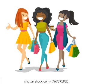 Tres jóvenes y felices amigos multiculturales comprando juntos. Mujeres blancas africanoamericanas y caucásicas sonrientes alegres riéndose y caminando con bolsas de compras. Ilustración de dibujos animados aislados por vectores.