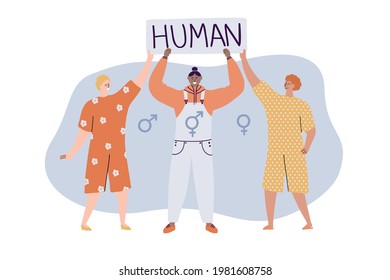 Three young happy people holding a banner with a word Human. Gender neutrality, identity, genderqueer and human rights concept. Vector hand drawn flat illustration 