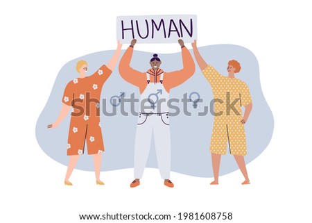 Three young happy people holding a banner with a word Human. Gender neutrality, identity, genderqueer and human rights concept. Vector hand drawn flat illustration 