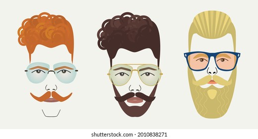 Three young hipster adult male faces icons set in different diversity and individual unique characters having mustache and beard, wearing sunglasses and looking