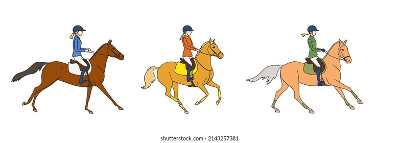 Three young horsewomen ride beautiful sports ponies