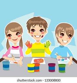 Three young kids having fun painting colorful drawings