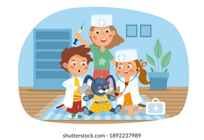 Three young kids playing fancy dress pretending to be doctors or nurses in uniform with bunny rabbit patient, colored vector illustration