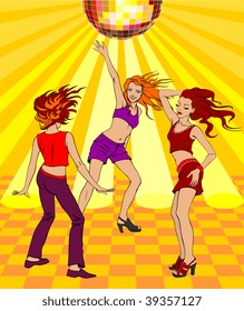 Three young ladies dancing under the disco-ball
