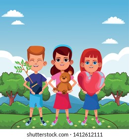 three young little kids boy carrying a plant, girl holding a heart and girl holding a teddy bear toy avatar carton character vector illustration graphic design