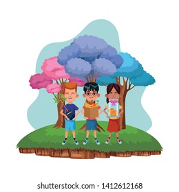 three young little kids boy carrying a plant, girl holding a glass jar with coins avatar carton character vector illustration graphic design