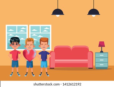 three young little kids boy holding a heart avatar carton character vector illustration graphic design