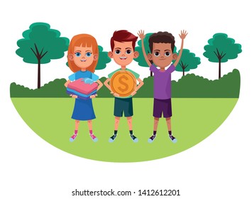 three young little kids boy with hands up, girl carrying a folded clothes and boy holding a big coin avatar carton character vector illustration graphic design