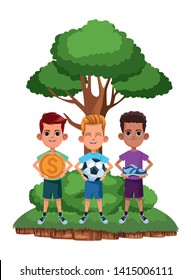 three young little kids boy holding a sneaker, boy holding a soccer balloon and boy holding a big coin avatar carton character vector illustration graphic design