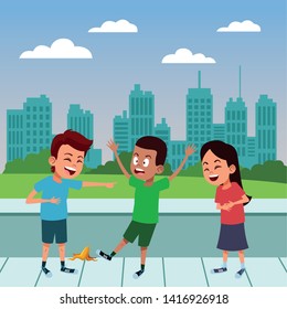 three young little kids boy slinding with a banana peel, boy laughing and pointing out girl laughing over sidewalk with cityscape avatar carton character vector illustration graphic design