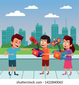 three young little kids boy laughing and pointing out, surprised girl with a joke box with jester hat surprised girl with a joke box with boxing glove over sidewalk with cityscape avatar carton