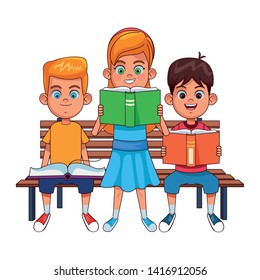 three young little kids boys reading book sitting on a bench and girl standing avatar cartoon character vector illustration graphic design