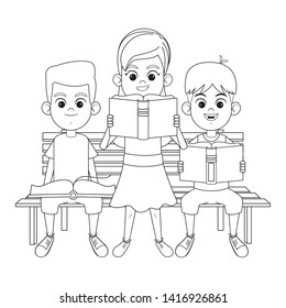 three young little kids boys reading book sitting on a bench and girl standing avatar cartoon character in black and white vector illustration graphic design