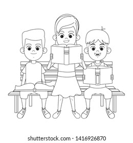 three young little kids boys reading book sitting on a bench and girl standing avatar cartoon character in black and white vector illustration graphic design