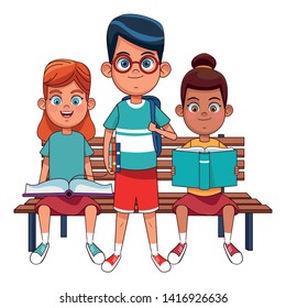 three young little kids girl reading book sitting on bench and boy holding book and bag and wearing glasses avatar cartoon character vector illustration graphic design