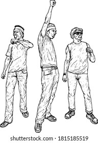 Three young male protester raising their fist in defiance. Hand drawn vector illustration.