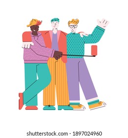 Tres jóvenes hablando de una foto selfie con un smartphone en palo - alegres caricaturistas parados y abrazando por una fotografía. Ilustración vectorial plana aislada.