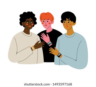 Three Young Man Talking Together to Each Other, Male Friendship, Friends Spending Time Together Vector Illustration