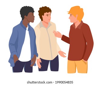 Tres jóvenes conversando entre ellos.  Diferentes nacionalidades y razas. Amistad masculina, amigos pasando tiempo juntos. gente multiétnica hablando. Ilustración de vectores de caricatura plana
