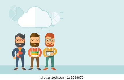 Three young managers working together with different ideas and task build their own business. Teamwork concept.. A contemporary style with pastel palette, soft blue tinted background with desaturated