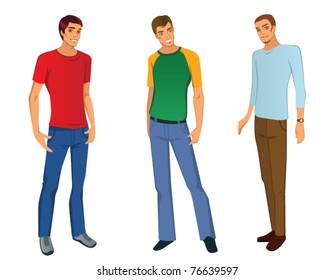 Three young men in casual outfits