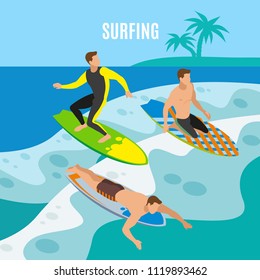 Three young men with colorful boards during surfing on marine waves isometric background vector illustration