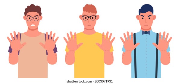 Three young men of different nationalities shows stop gesture with their hands. Character set. Vector illustration.