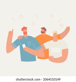 Three young men are discussing an idea. Concept of friendly teamwork, new business creation. Flat cartoon illustartion