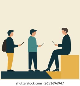 Três jovens estão envolvidos em uma discussão enquanto seguram tabletes. Um homem fica de pé com uma mochila, outro fica ouvindo, e o terceiro fica num quarteirão, participando da conversa.