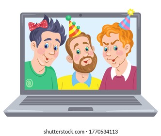 Drei junge Männer in festlichen lustigen Kaps auf einem Laptop-Bildschirm. Webchat online. Videokonferenz. Alles Gute zum Geburtstag! Internetkommunikation. Im Cartoon-Stil. Vektorflache Illustration.