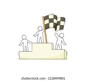 Three young men holding a black and white checkered flag standing . Concept of sport, teamwork, business. Vector hand drawn illustration of finish flag and award symbol