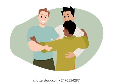 Three young men hug vector flat illustration. Cartoon happy people group hugging together. Teenagers friends embracing, multiracial support community in circle isolated on decorative background