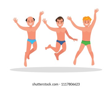 Three young men jump on a white background.