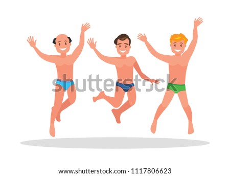 Three young men jump on a white background.