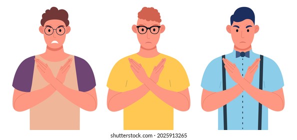 Three young men making X shape, stop sign with hands and negative expression. Crossing arms. Character set. Vector illustration.