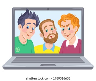 Three young men on a laptop screen. Web chat online. Video conference. Home Office. Internet communication. In cartoon style. Vector flat illustration.