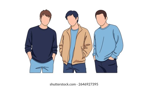 Three Young Men Posing Together Fashionable Casual Outfits Ready for an Adventure or Gathering