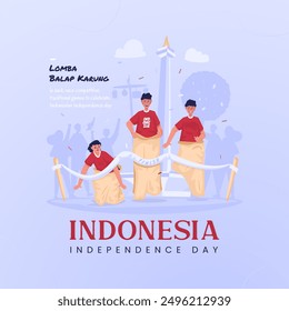 Three young men race to the finish line, Flat illustration of Lomba balap karung or called sack race competition to celebrate of Indonesia Independence Day for greeting post