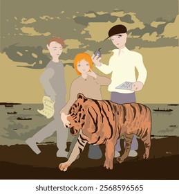 Three young men and a tiger against the backdrop of the sea.