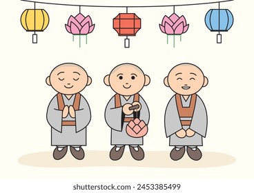 tres monjes jóvenes se están preparando para el cumpleaños de Buda. Hay algunas linternas en el fondo. Ilustración vectorial de estilo de dibujos animados. 