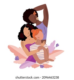 Three young multicultural women together. Sisterhood and female friendship. Beautiful diverse happy girls on a white background. Vector illustration for International Women's Day