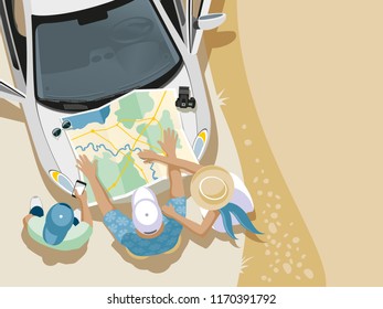Three young people choose a route of the travel on the car on which the road map lies.