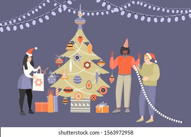 Three young people decorating a Christmas tree and are preparing to celebrate the holidays in the company of friends. Vector illustration in a flat style.