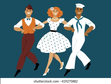 Three young people dressed in 1940s fashion marching arm in arm in the style of classic musical films, EPS 8 vector illustration, no transparencies