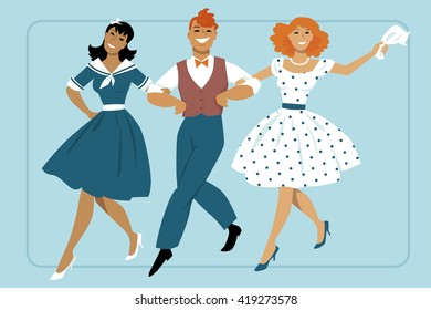 Three young people dressed in vintage fashion marching arm in arm, EPS 8 vector illustration, no transparencies