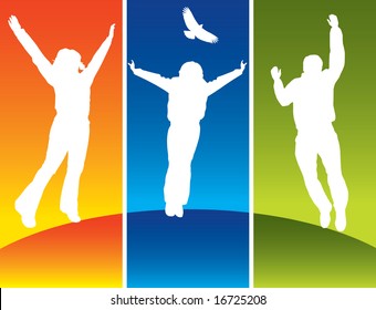 Three young people jumping on a hilltop in colored panels