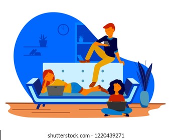 Three young people on the sofa with smartphone, laptop, tablet vector illustration in flat style. Womans and man at home or office with plants, cabinet. Blue, red, yellow colors.