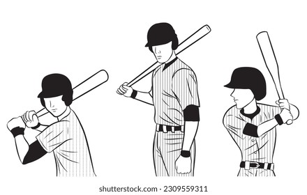 Tres Jóvenes Jugando Deporte De Béisbol. Personajes de medio cuerpo con un bate de béisbol. ilustración vectorial aislada en fondo blanco.