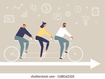 Three Young People Riding A Tandem Bicycle. The Concept Of Business Teamwork. Vector Illustration With Set Of Line Icons And Funny Characters. Stylish Idea For Your Business Pictures. Flat Design