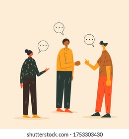 Three young people standing together and talking. Brainstorming concept. Working together. Teamwork concept vector illustration. Vector illustration in modern colorful style eps 10.